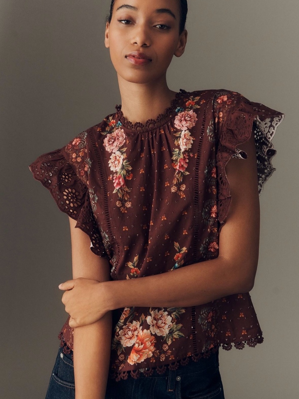 FARM Rio Brown Floral Eyelet Ruffle-Sleeve Blouse